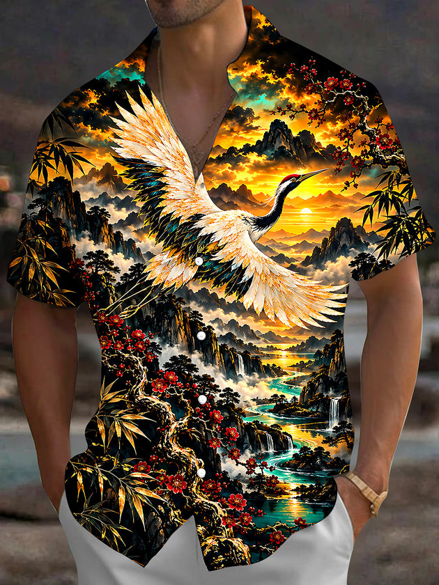 Adaychic Men's Red-crowned Crane And Landscape Print Short Sleeve Shirt with Chest Pocket