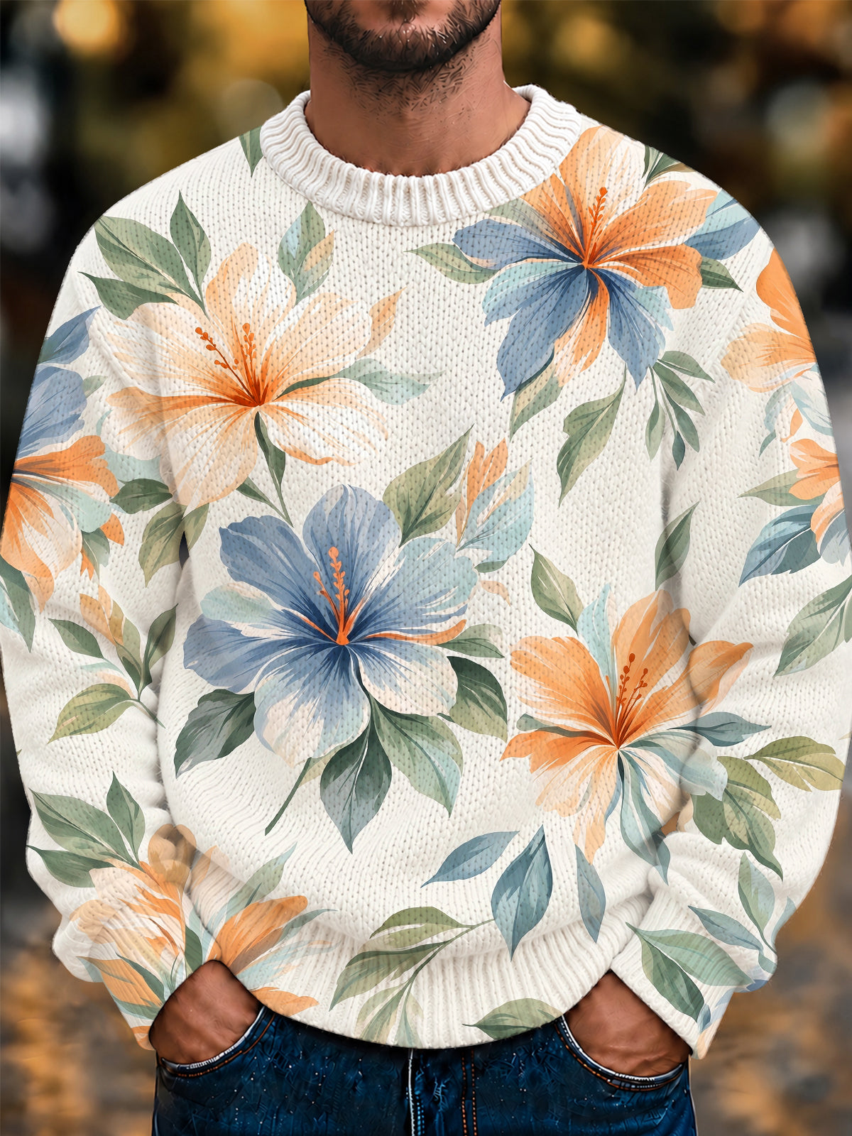 Adaychic Men's Hibiscus Flowers And Leaves Print Long Sleeve Crew Neck Sweater