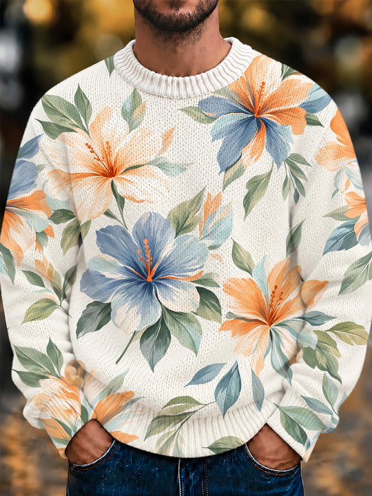 Adaychic Men's Hibiscus Flowers And Leaves Print Long Sleeve Crew Neck Sweater