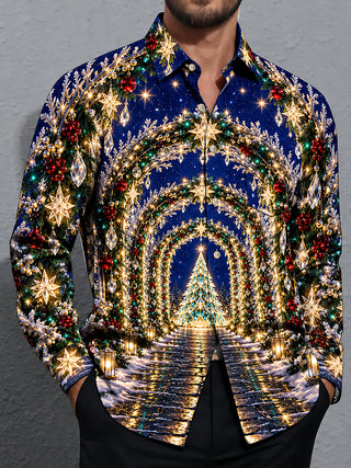 Adaychic Men's Long Sleeve Shirt - Christmas Tree And Archway With Ornaments Print with Chest Pocket
