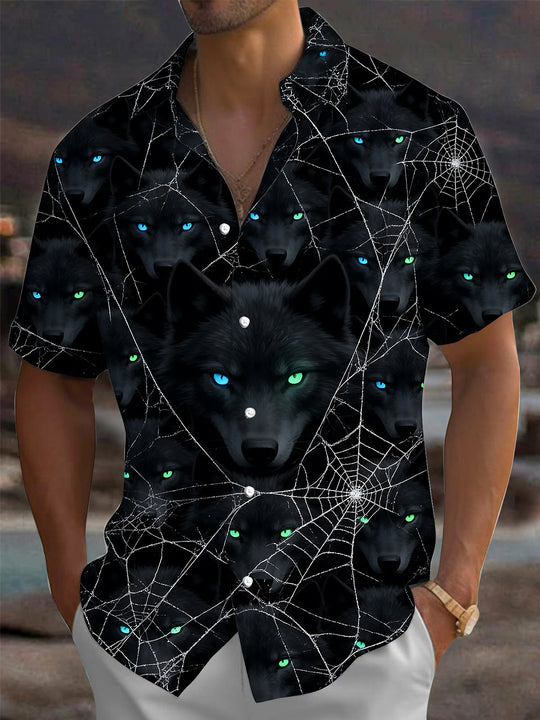 Adaychic Men's Short Sleeve Shirt - Halloween Black Wolf Faces And Spider Webs Print with Chest Pocket