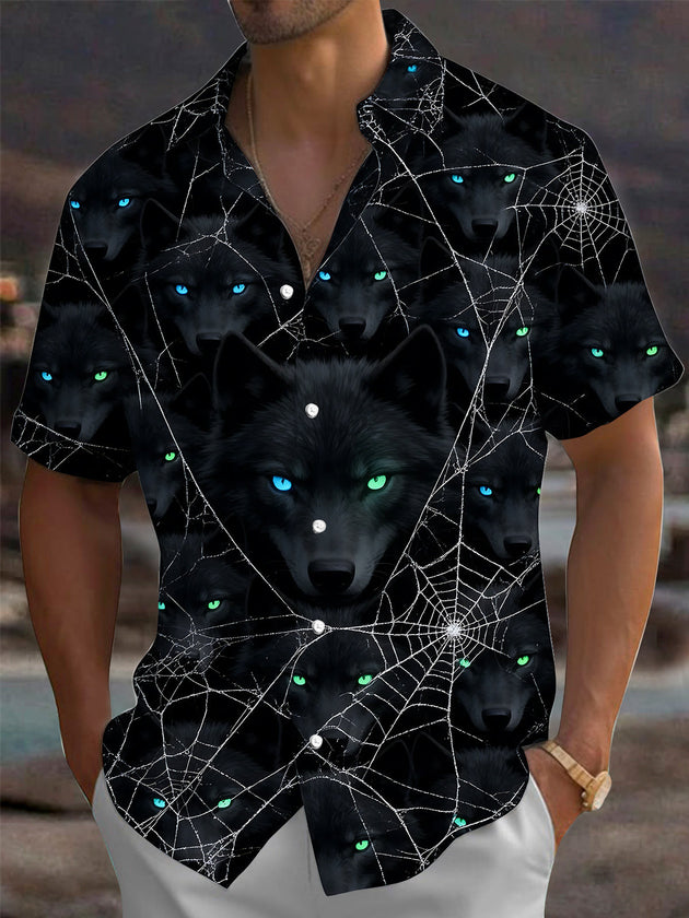 Adaychic Men's Short Sleeve Shirt - Halloween Black Wolf Faces And Spider Webs Print with Chest Pocket