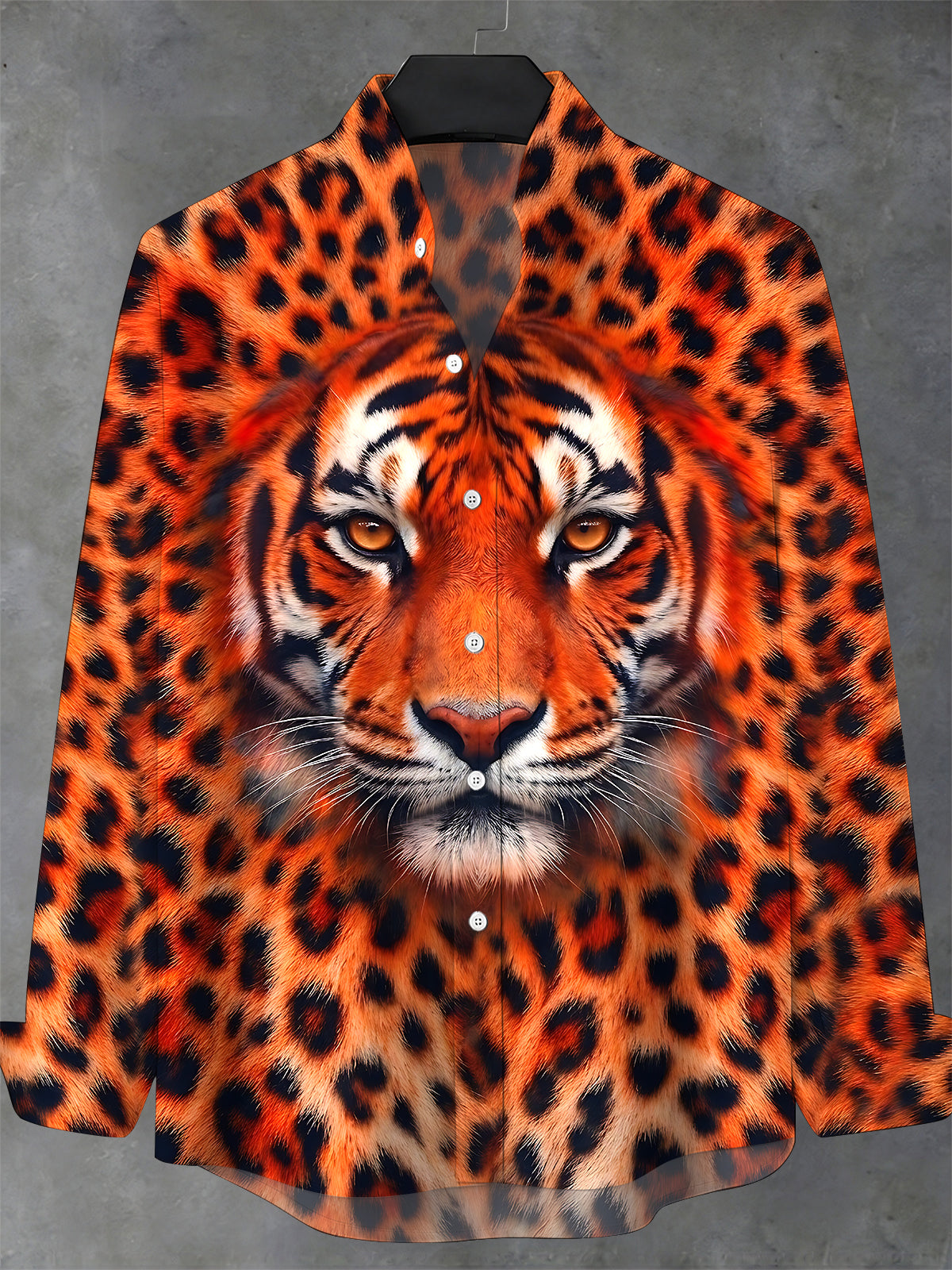 Adaychic Men's Tiger Face Print Long Sleeve Stand Collar Shirt