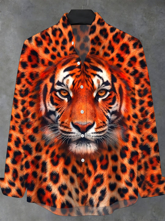 Adaychic Men's Tiger Face Print Long Sleeve Stand Collar Shirt