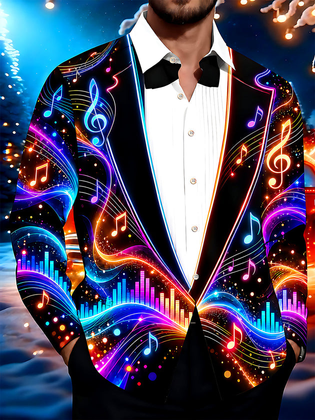 Adaychic Men's Neon Musical Notes And Audio Visualizer Print Long Sleeve Shirt with Chest Pocket