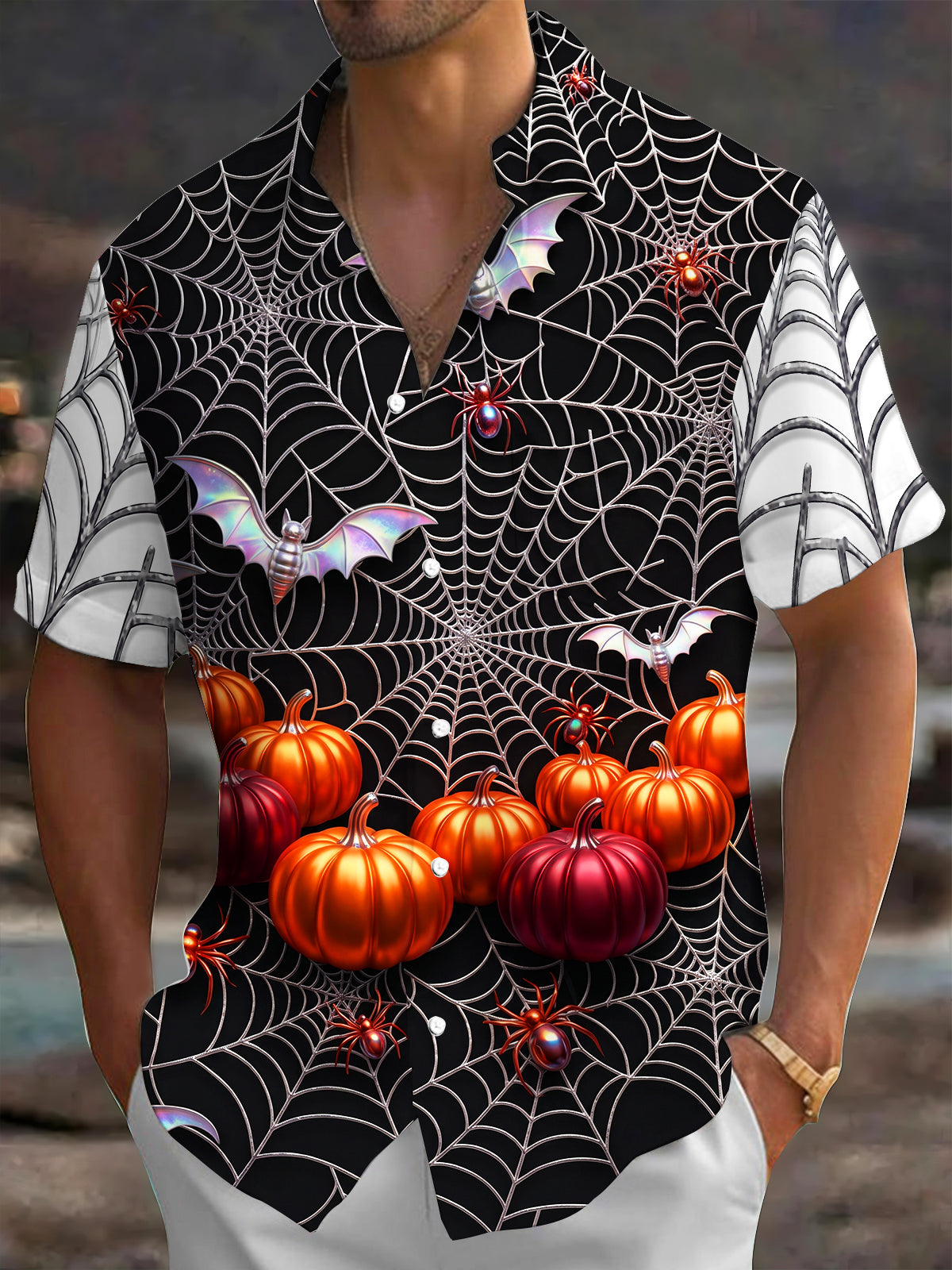 Adaychic Men's Short Sleeve Shirt - Halloween Pumpkins Bats Spiders And Spiderwebs Print with Chest Pocket