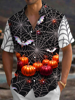 Adaychic Men's Short Sleeve Shirt - Halloween Pumpkins Bats Spiders And Spiderwebs Print with Chest Pocket