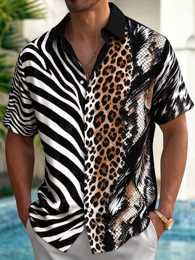 Adaychic Men's Short Sleeve Shirt - Mixed Animal Prints Including Zebra Stripes Leopard Spots And Snake Scales Print with Chest Pocket
