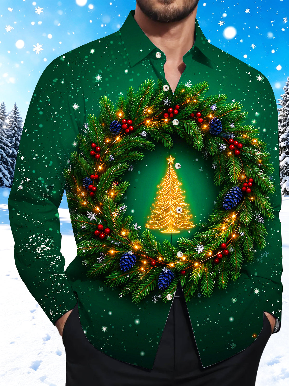 Adaychic Men's Christmas Wreath With Golden Tree Print Long Sleeve Shirt with Chest Pocket