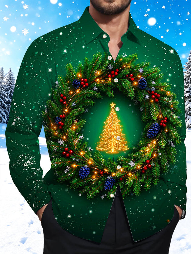 Adaychic Men's Christmas Wreath With Golden Tree Print Long Sleeve Shirt with Chest Pocket