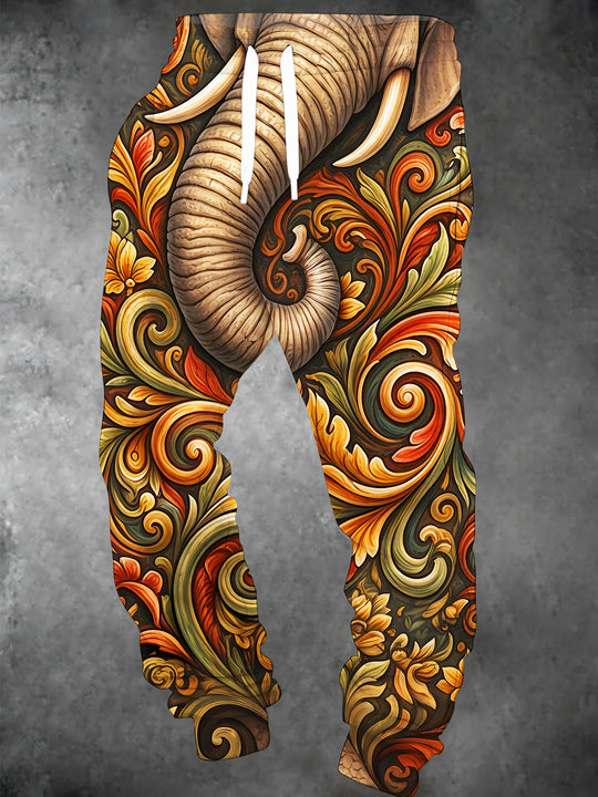 Adaychic Men's Vintage Style Carved Elephant With Floral Scrollwork Print Pants