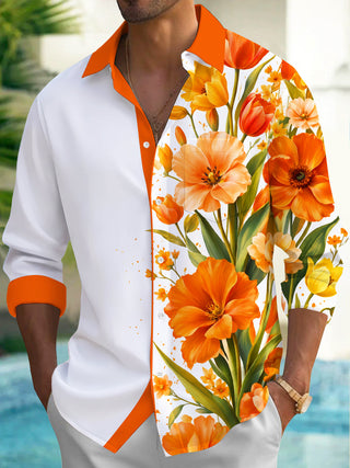 Adaychic Men's Hawaiian Orange Tulip Flowers Print Long Sleeve Shirt with Chest Pocket