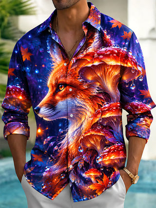 Adaychic Men's Fox And Mushrooms With Maple Leaves Print Long Sleeve Shirt with Chest Pocket