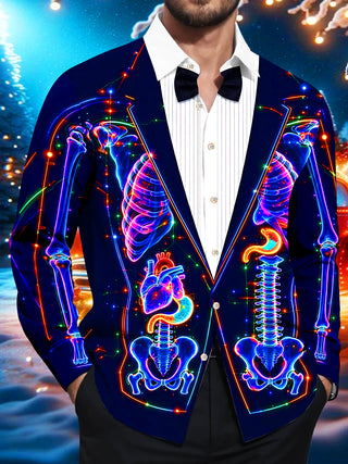 Adaychic Men's Neon Skeleton Anatomy With Organs Print Long Sleeve Shirt with Chest Pocket