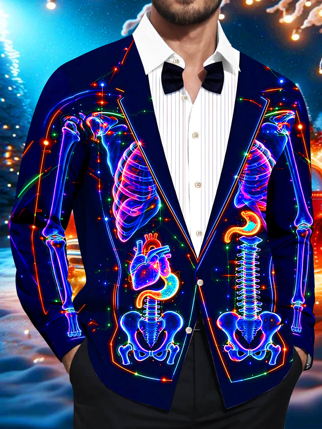 Adaychic Men's Neon Skeleton Anatomy With Organs Print Long Sleeve Shirt with Chest Pocket