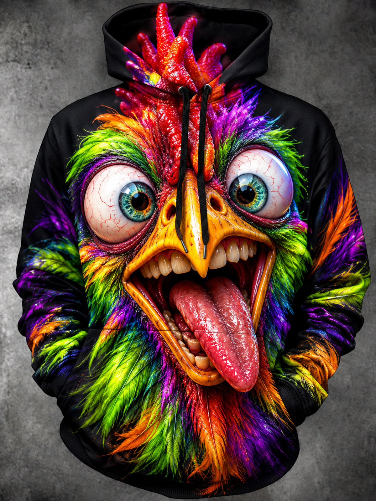 Adaychic Men's Long Sleeve Hoodie - Colorful Rooster Face With Human Teeth And Tongue Print