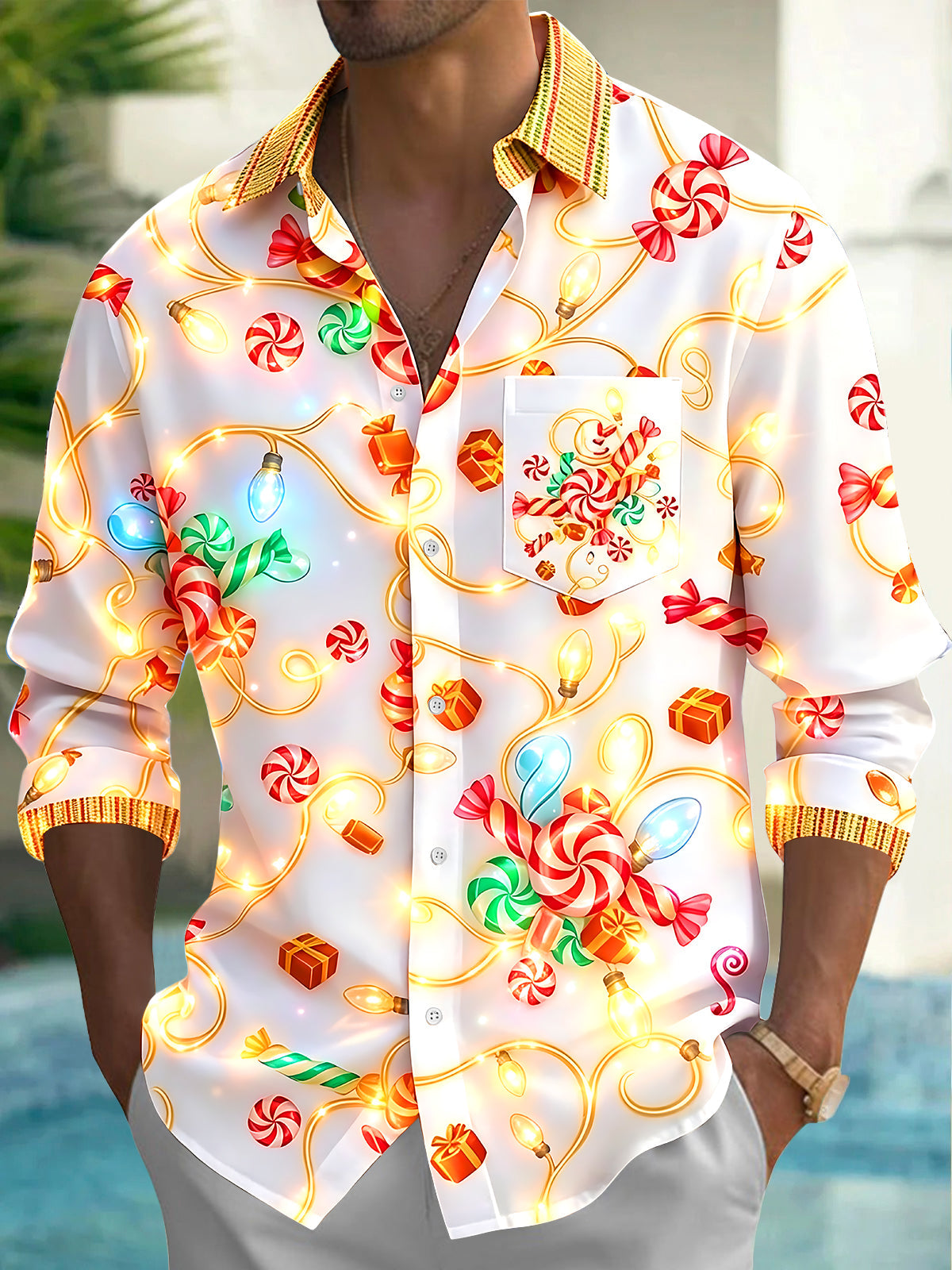 Adaychic Men's Hawaiian Christmas Lights And Candy Print Long Sleeve Shirt with Chest Pocket