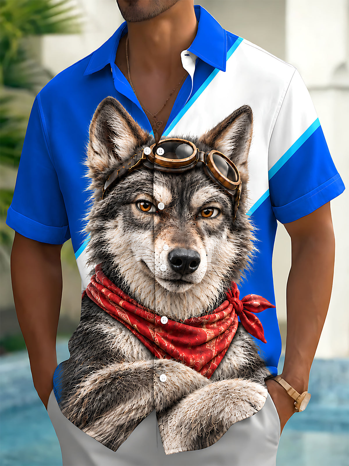 Adaychic Men's Short Sleeve Shirt - Wolf With Aviator Goggles And Red Bandana Print with Chest Pocket