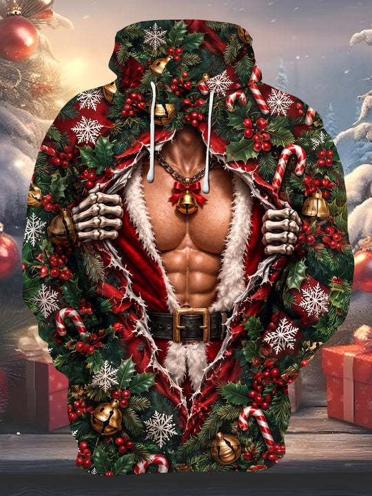 Adaychic Men's Long Sleeve Hoodie - Muscle Man In Santa Suit With Skeleton Hands Print