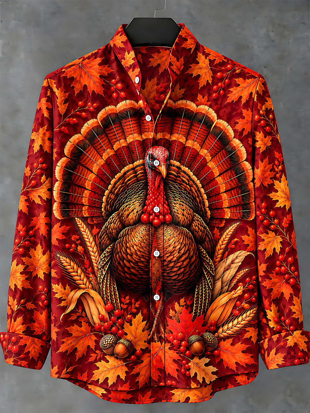 Adaychic Men's Long Sleeve Shirt - Thanksgiving Turkey With Maple Leaves And Acorns Print