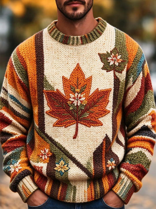 Adaychic Men's Long Sleeve Crew Neck Sweater - Autumn Maple Leaf And Floral Motif Print