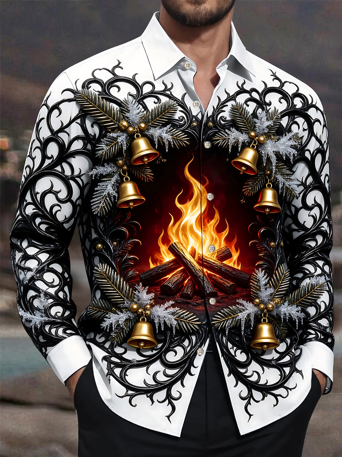 Adaychic Men's Printed Christmas Bonfire And Bells Print Long Sleeve Shirt with Chest Pocket