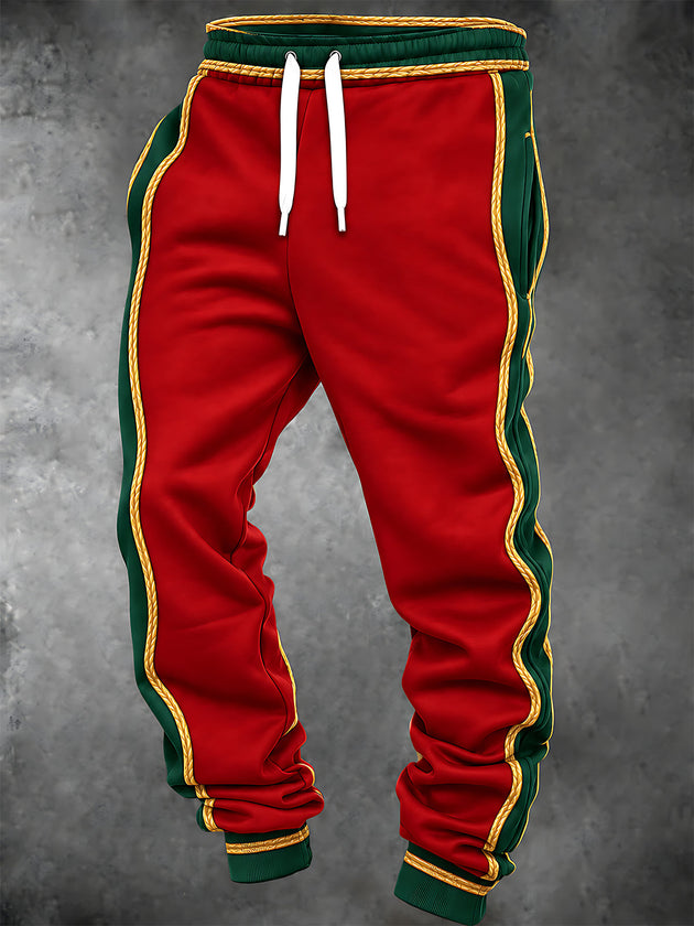Adaychic Men's Pants - Christmas Red And Green Color Block With Gold Rope Trim Print