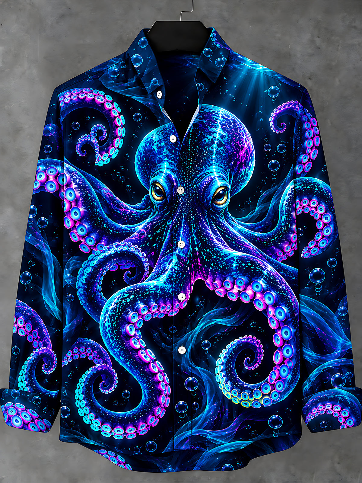 Adaychic Men's Hawaiian Neon Octopus And Bubbles Print Long Sleeve Shirt