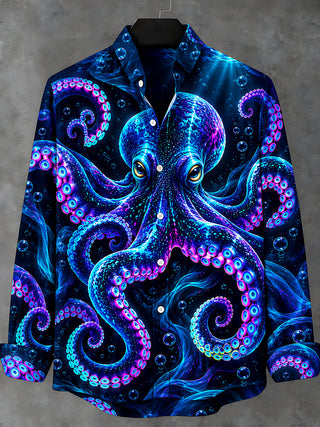 Adaychic Men's Hawaiian Neon Octopus And Bubbles Print Long Sleeve Shirt