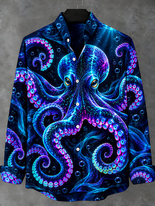 Adaychic Men's Hawaiian Neon Octopus And Bubbles Print Long Sleeve Shirt