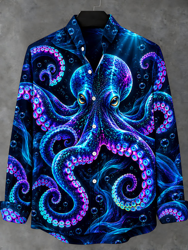 Adaychic Men's Hawaiian Neon Octopus And Bubbles Print Long Sleeve Shirt
