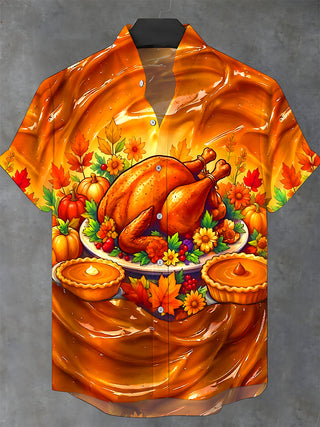Adaychic Men's Short Sleeve Stand Collar Shirt - Thanksgiving Roasted Turkey And Pumpkin Pies Print with Chest Pocket