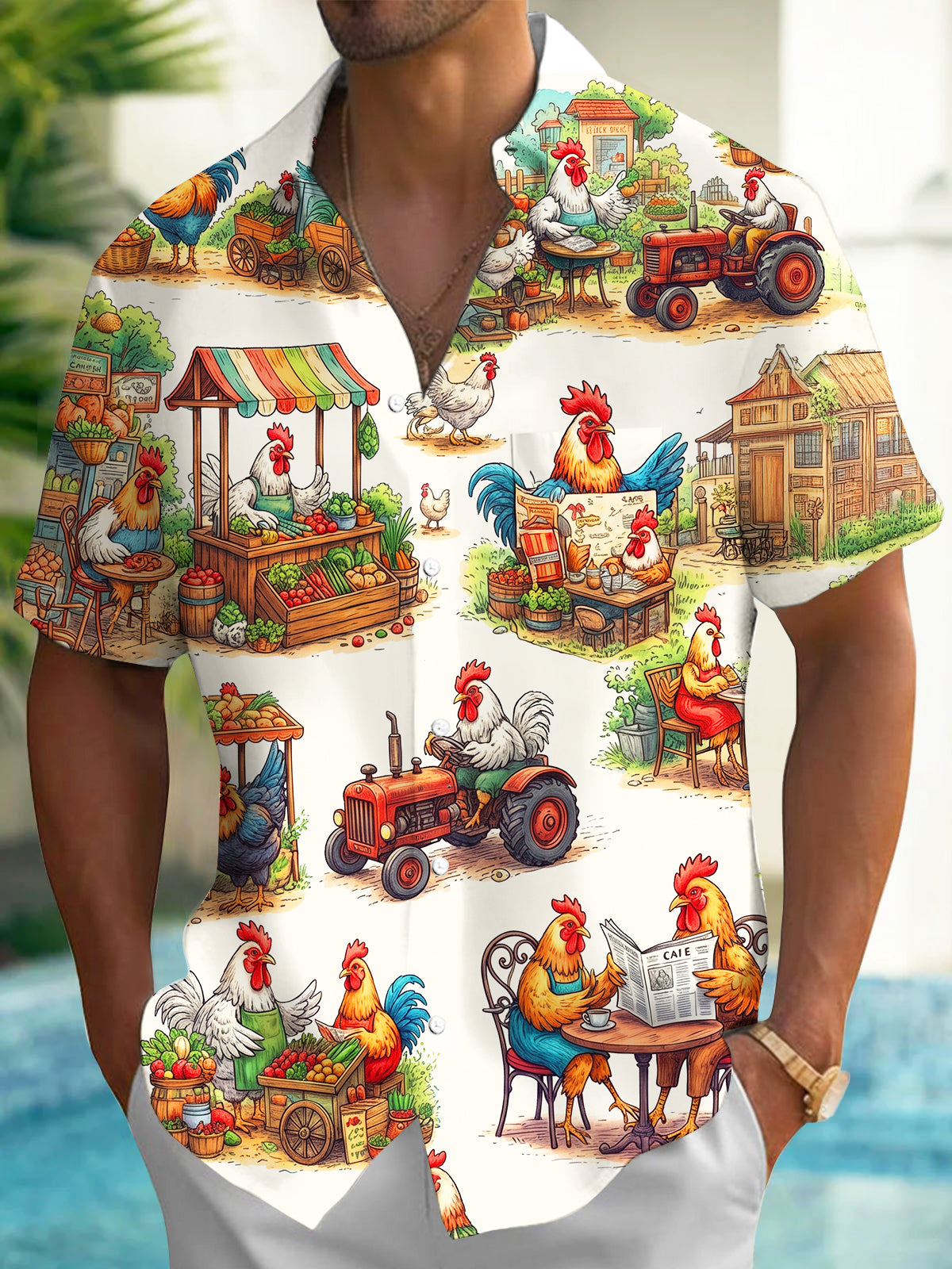 Adaychic Men's Hawaiian Rooster Farm Market Scenes Print Short Sleeve Shirt with Chest Pocket