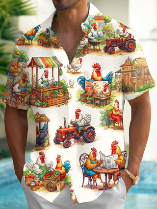 Adaychic Men's Hawaiian Rooster Farm Market Scenes Print Short Sleeve Shirt with Chest Pocket