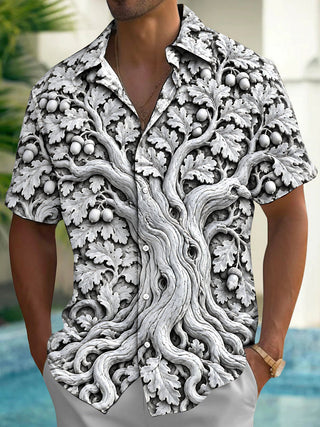 Adaychic Men's 3D 3D Oak Tree Bark And Acorns Print Short Sleeve Shirt with Chest Pocket