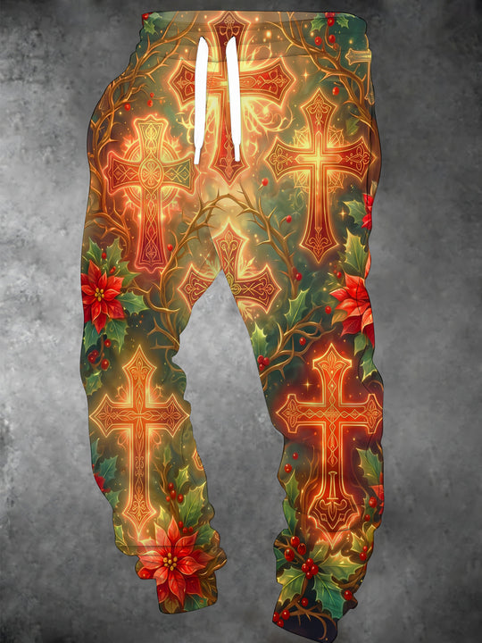 Adaychic Men's Graphic Christmas Celtic Crosses And Holly Thorns Print Pants