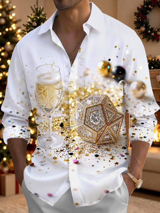 Adaychic Men's Long Sleeve Shirt - Christmas Champagne Glass And Geometric Diamond Shape Print with Chest Pocket