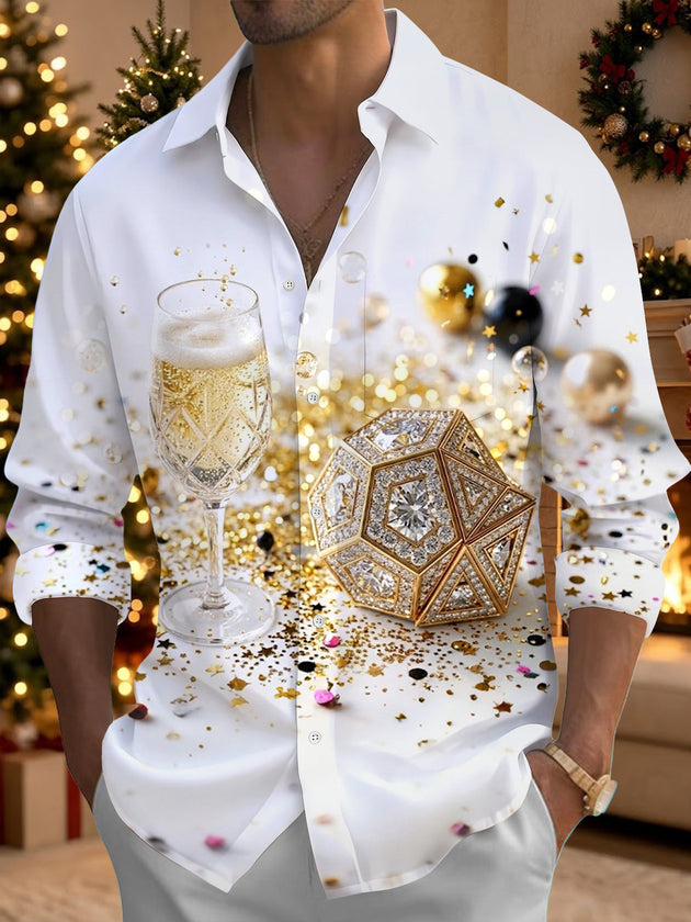 Adaychic Men's Long Sleeve Shirt - Christmas Champagne Glass And Geometric Diamond Shape Print with Chest Pocket