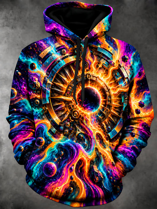 Adaychic Men's 3D Cosmic Mechanical Sun And Planets Print Long Sleeve Hoodie