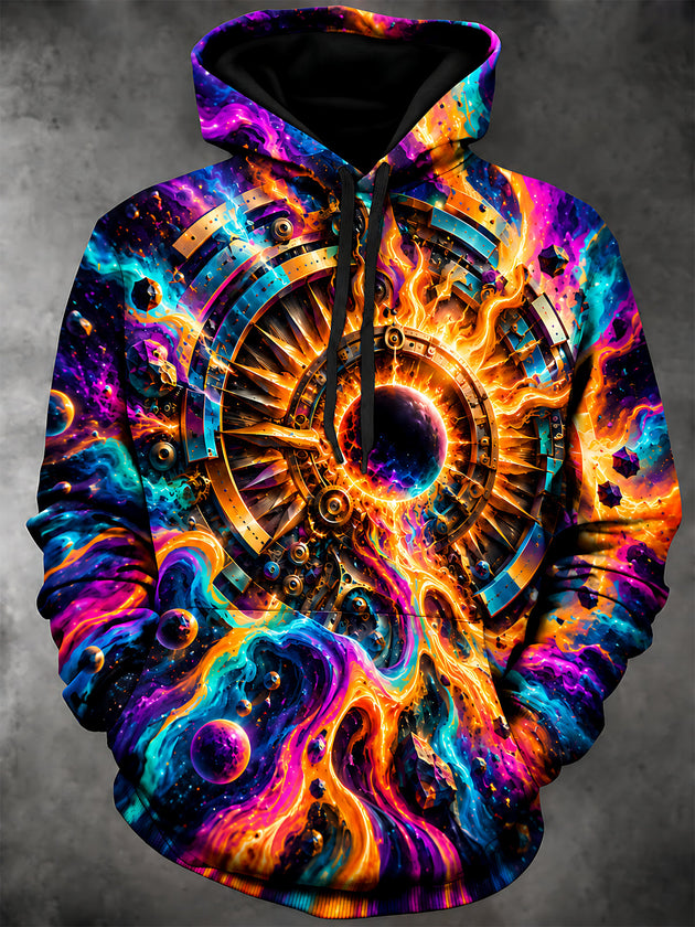 Adaychic Men's 3D Cosmic Mechanical Sun And Planets Print Long Sleeve Hoodie