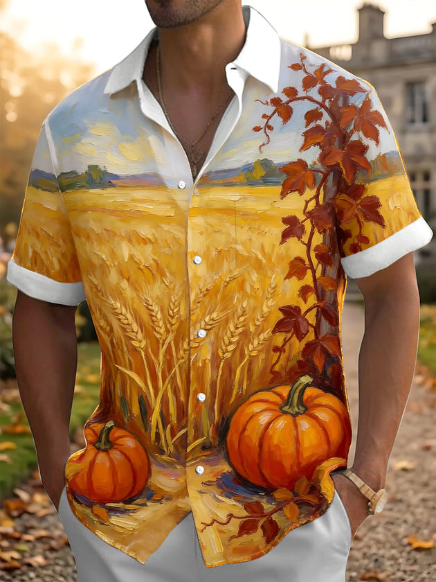 Adaychic Men's Short Sleeve Shirt - Halloween Autumn Wheat Field And Pumpkins Print with Chest Pocket
