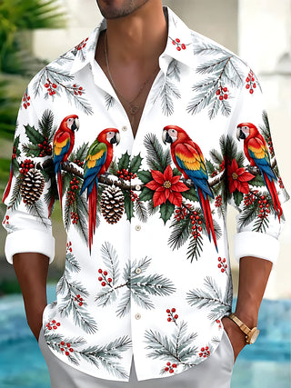 Adaychic Men's Christmas Parrots And Pine Cones Print Long Sleeve Shirt with Chest Pocket