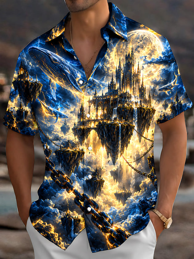 Adaychic Men's Short Sleeve Shirt - Fantasy Floating Castles And Giant Whales Print with Chest Pocket