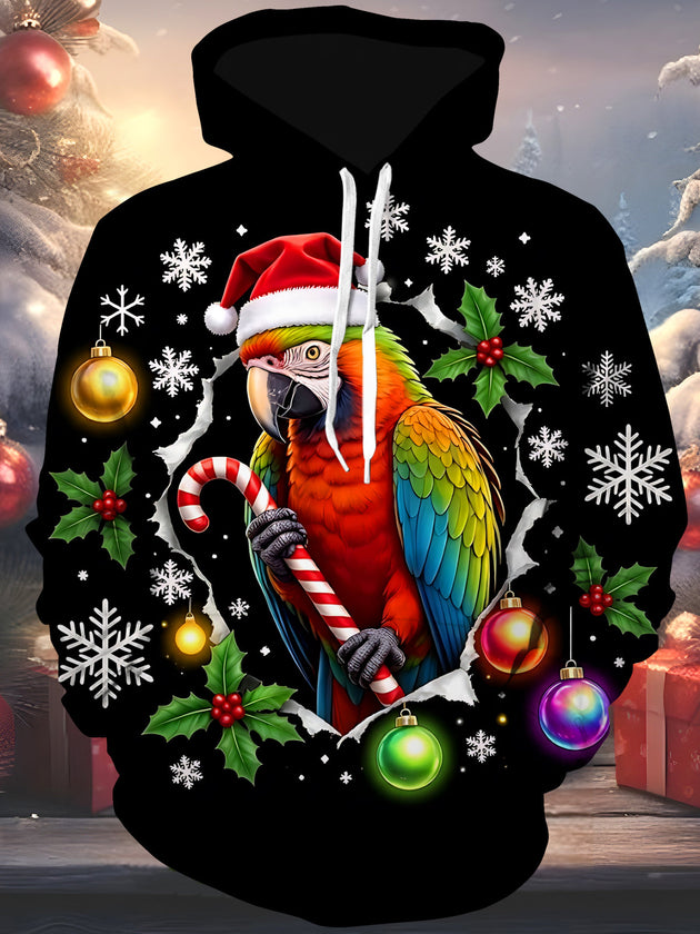 Adaychic Men's Long Sleeve Hoodie - Christmas Parrot With Santa Hat And Candy Cane Print