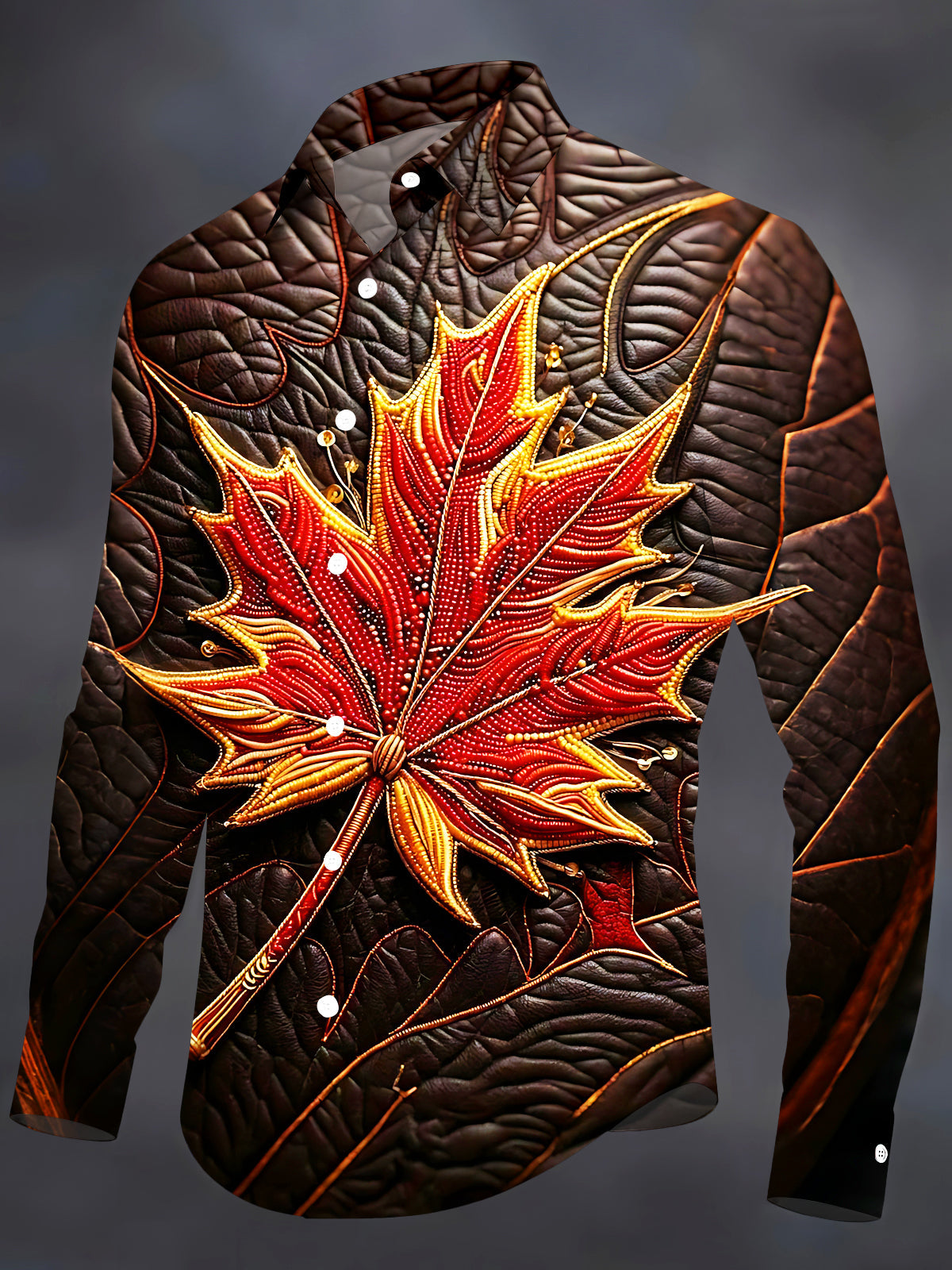 Adaychic Men's Graphic Beaded Flaming Red Maple Leaf Print Long Sleeve Shirt with Chest Pocket