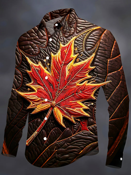 Adaychic Men's Graphic Beaded Flaming Red Maple Leaf Print Long Sleeve Shirt with Chest Pocket