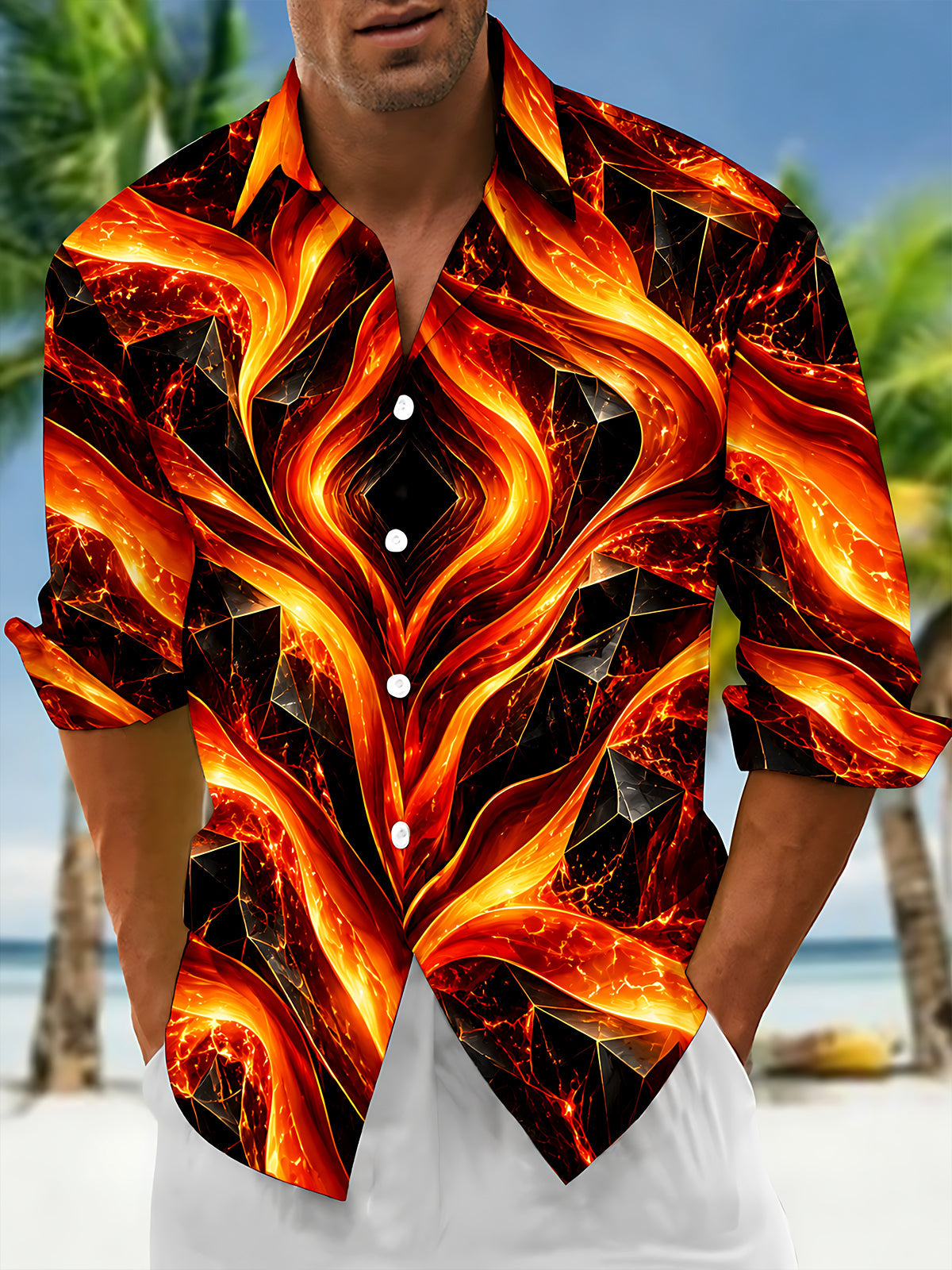 Adaychic Men's Printed Abstract Geometric Lava Flow Print Long Sleeve Shirt with Chest Pocket