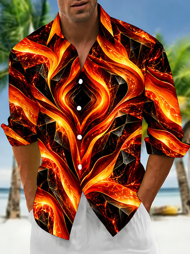 Adaychic Men's Printed Abstract Geometric Lava Flow Print Long Sleeve Shirt with Chest Pocket