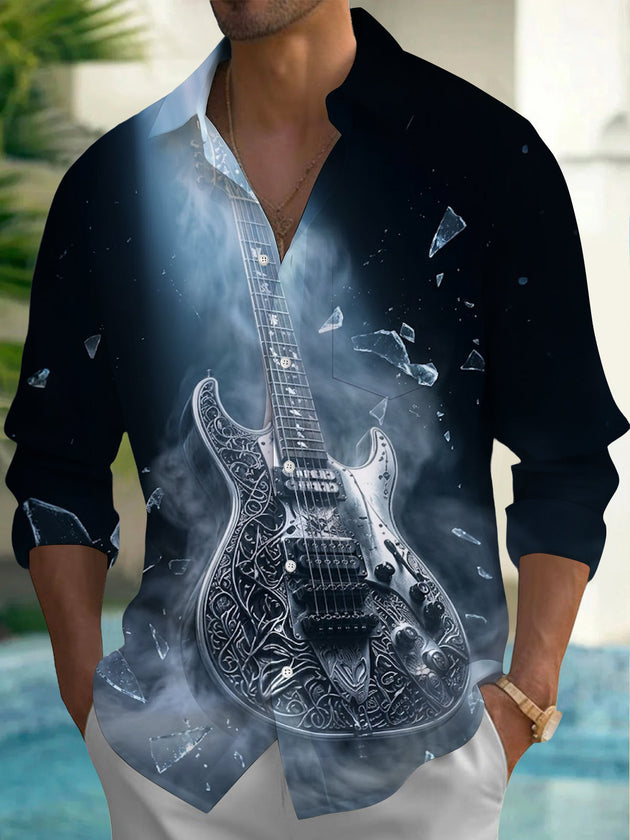 Adaychic Men's Long Sleeve Shirt - Electric Guitar With Smoke And Shattered Glass Print with Chest Pocket