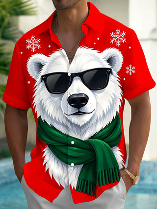 Adaychic Men's Short Sleeve Shirt - Christmas Polar Bear With Sunglasses And Green Scarf Print with Chest Pocket